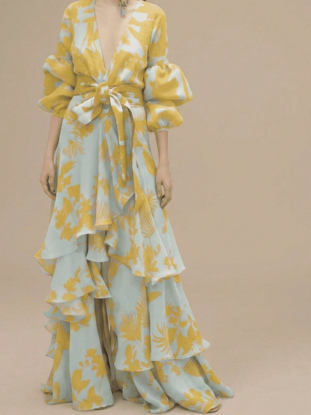 Yellow Elegant Women's V-Neck Maxi Dress with Long Sleeves and Tiered Skirt